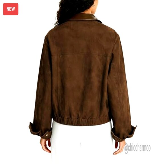 Faux Suede Cropped Jacket Contrast Collar Zip Up Utility Barn Coat - Picture 6 of 7